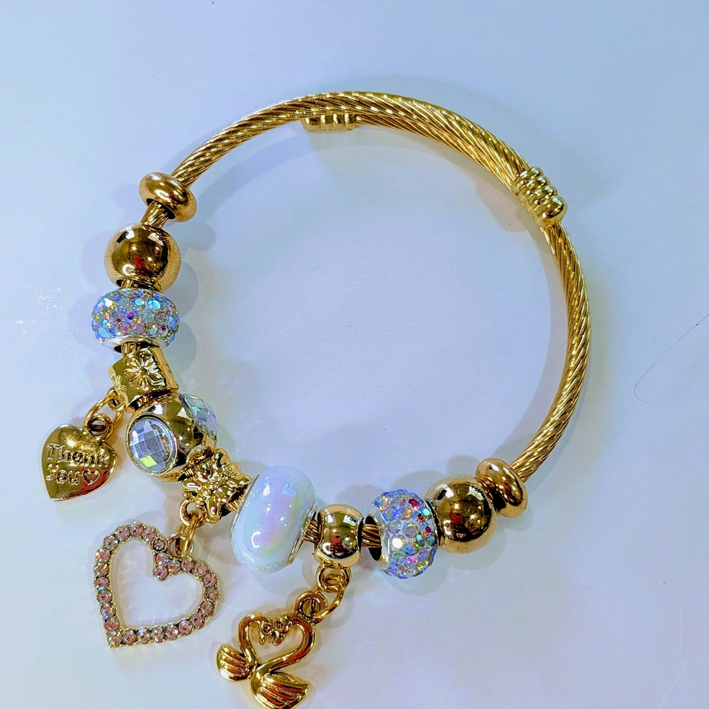 18k Gold Tone Charm Bracelet with Crystal Beads & Heart Charms